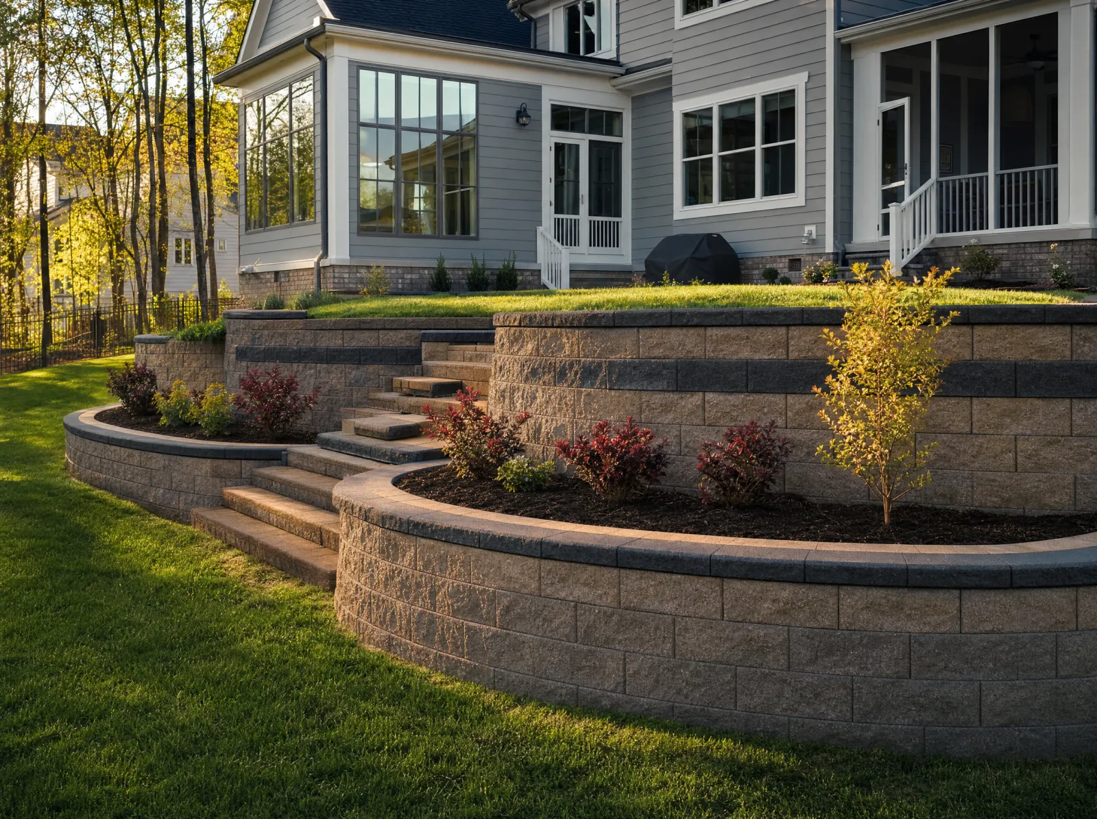 Design concept: Tiered segmental retaining wall with steps, planted.