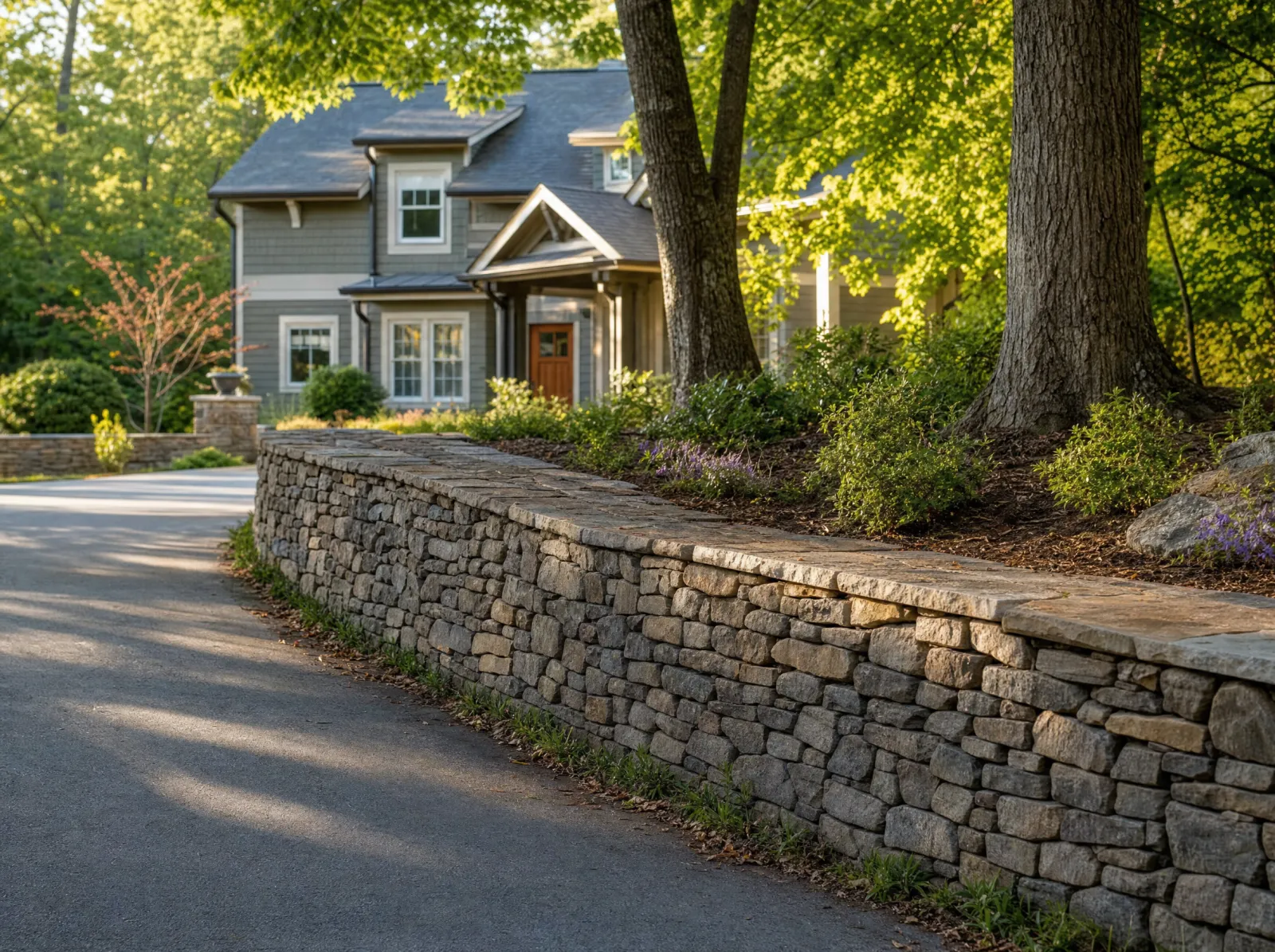 Design concept: Dry-stacked fieldstone garden wall along a driveway.