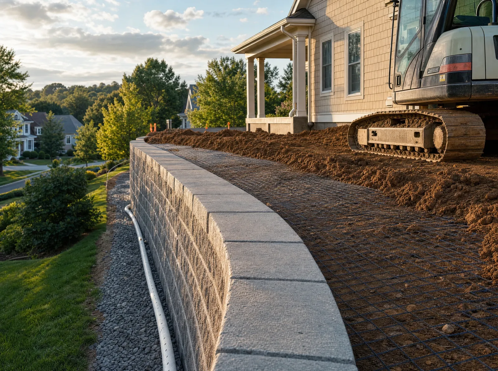 Design concept: Engineered block wall 6 ft tall behind a house, during backfill with drain stone visible.