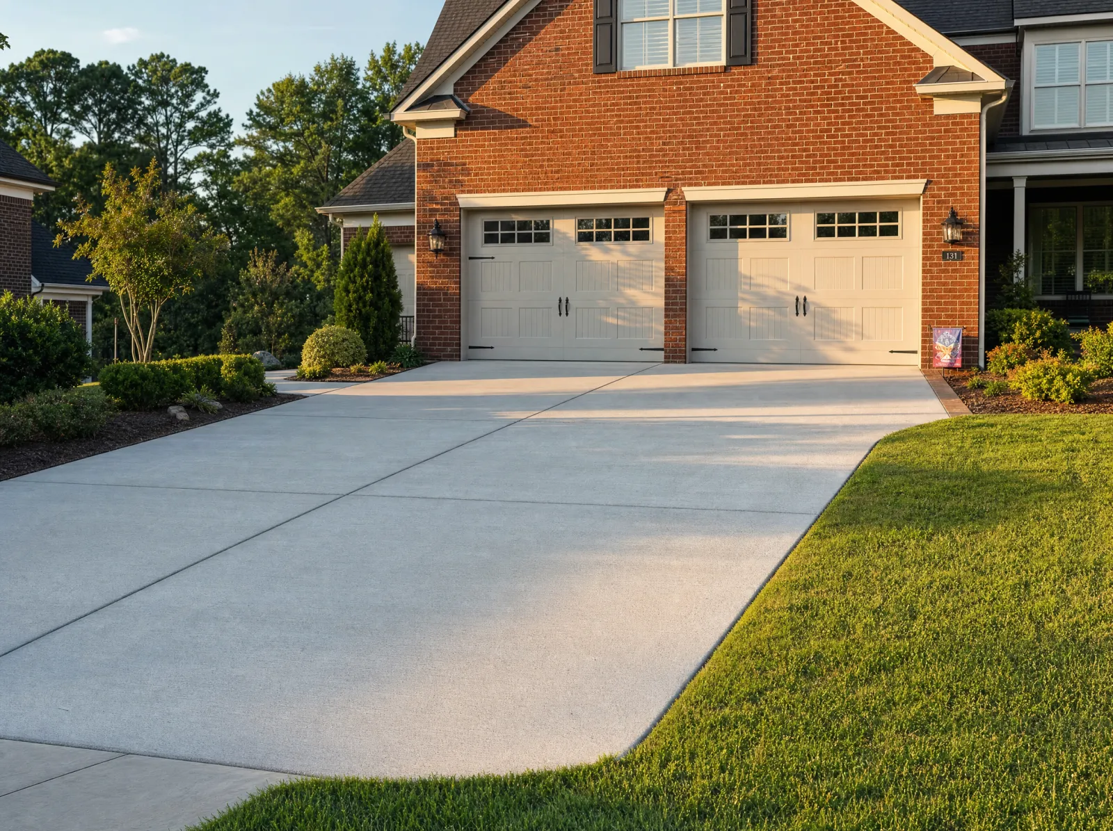 Design concept: Fresh broom-finish or stamped driveway, straight control joints visible, house behind.