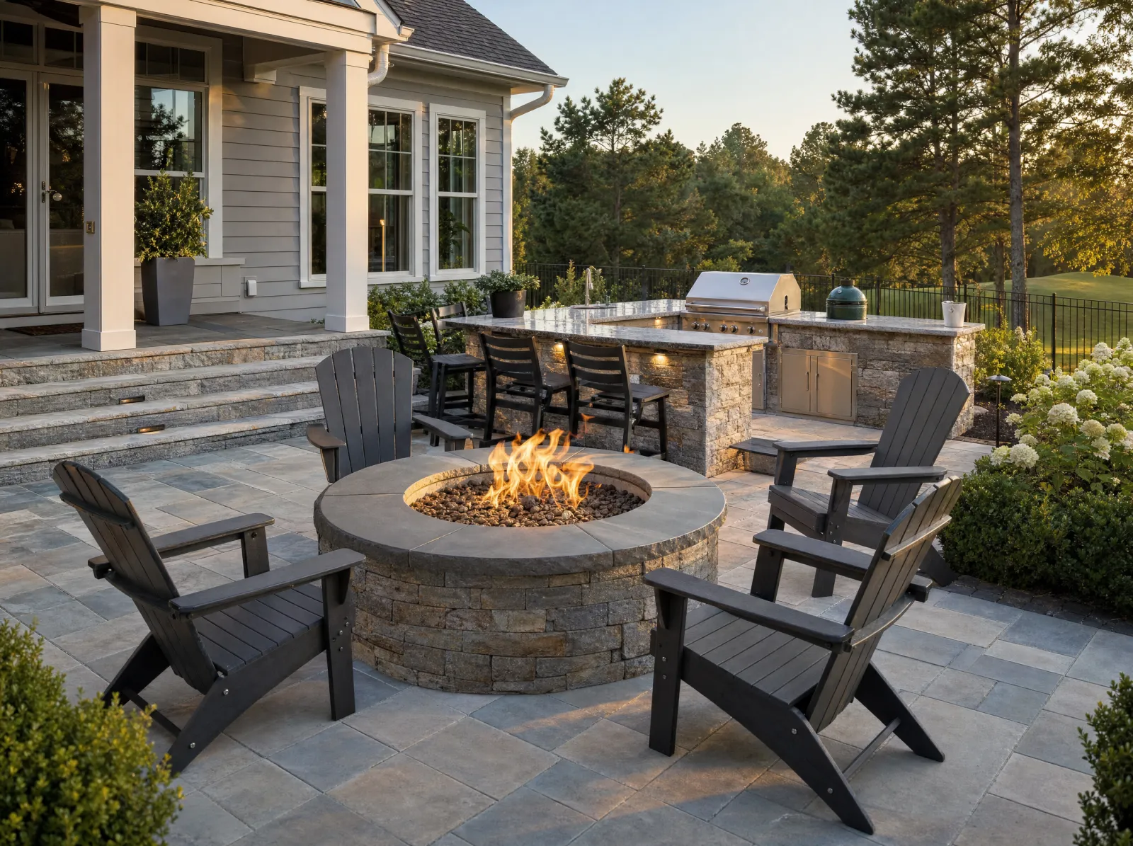Design concept: Stone-veneer fire pit or outdoor kitchen at dusk, fire lit, seating around it.