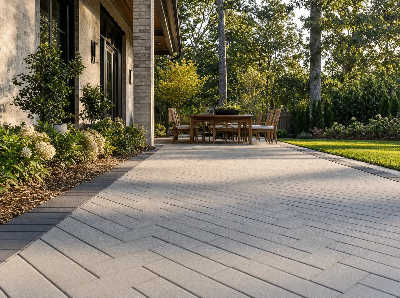 Design concept: Paver patio with soldier-course border, low angle showing the joint lines, furniture in place.