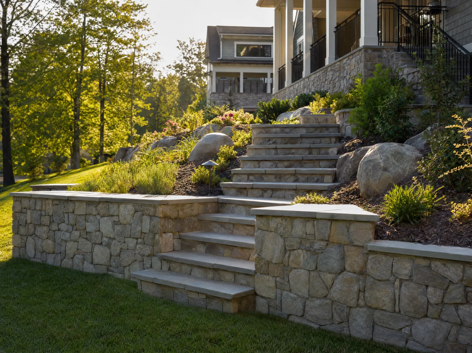 Design concept: Segmental block or natural-stone wall with steps, drainage stone visible during build or finished with plantings.
