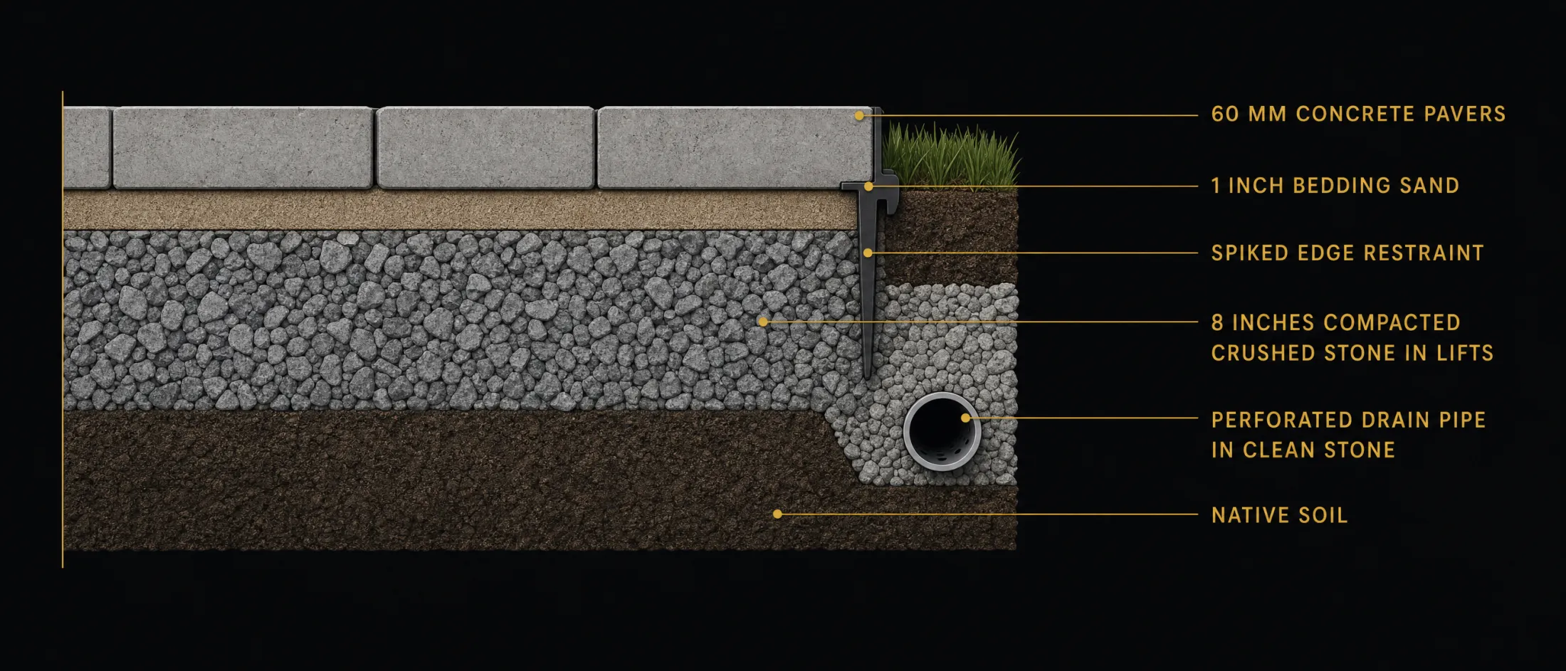 Design concept: Cutaway cross-section illustration of a paver patio: native soil, 8 inches of compacted crushed stone in lifts, 1 inch of bedding sand, 60 mm pavers, spiked edge restraint, perforated drain pipe in clean stone, labeled, dark background, gold labels.