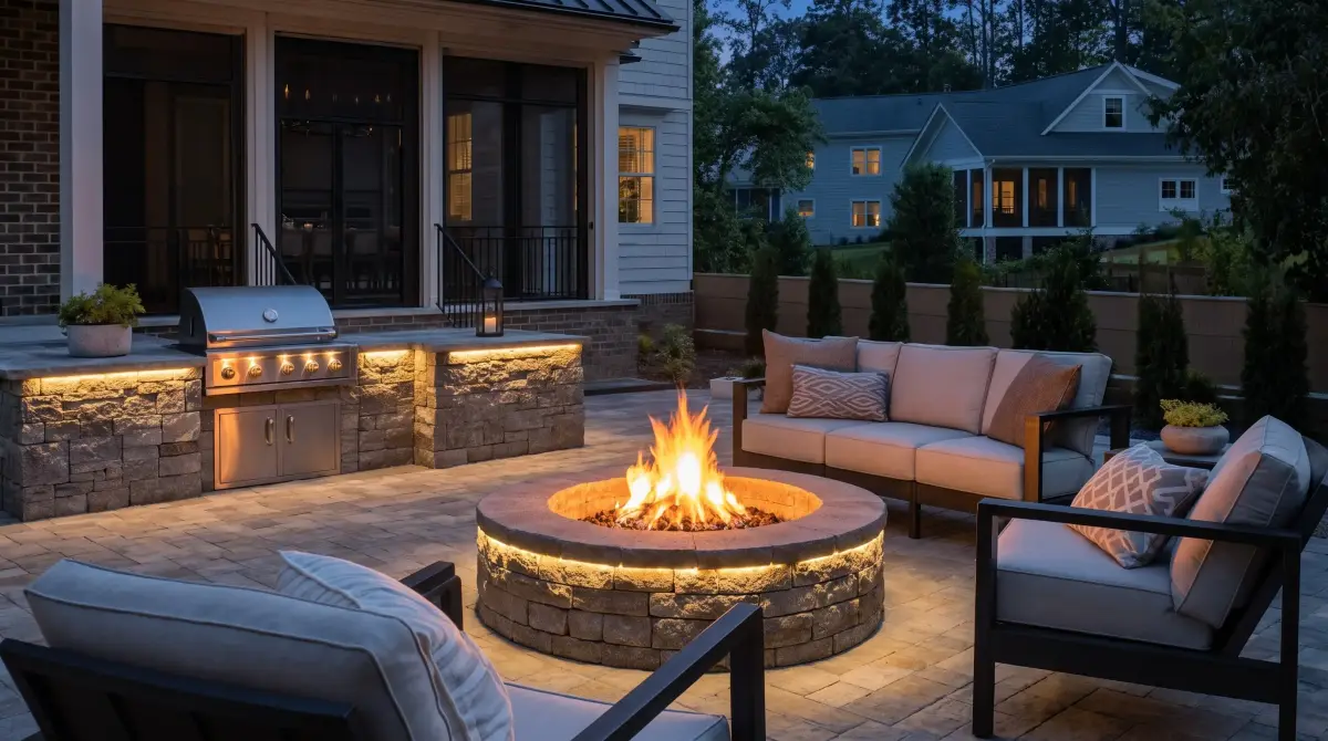 Design concept: the same patio at dusk with the fire pit lit and low-voltage lighting in the wall caps.