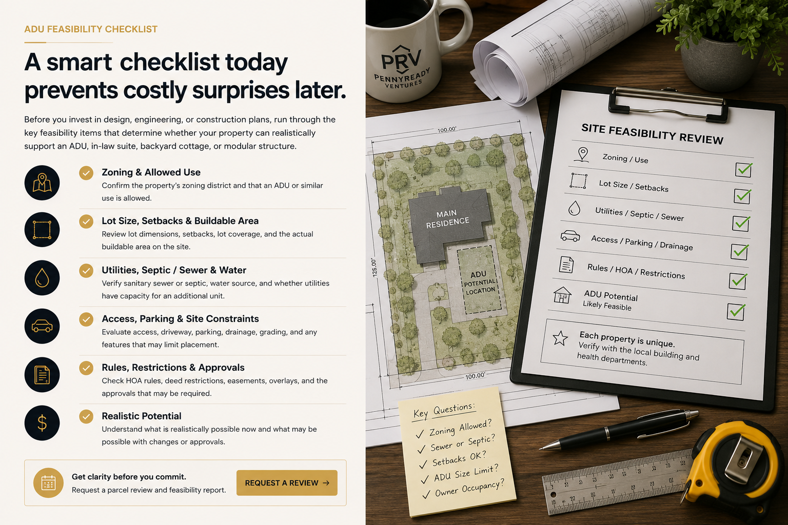 ADU feasibility checklist for zoning setbacks utilities septic sewer parking and restrictions