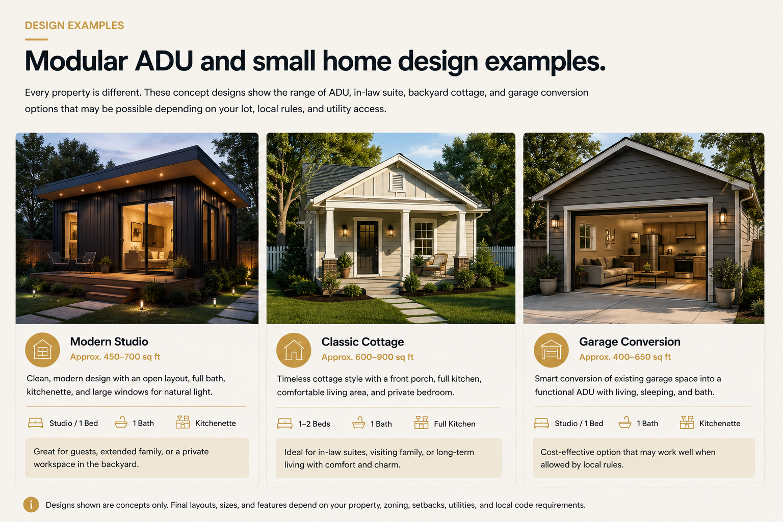 Modular ADU and small home design examples including modern studio classic cottage and garage conversion