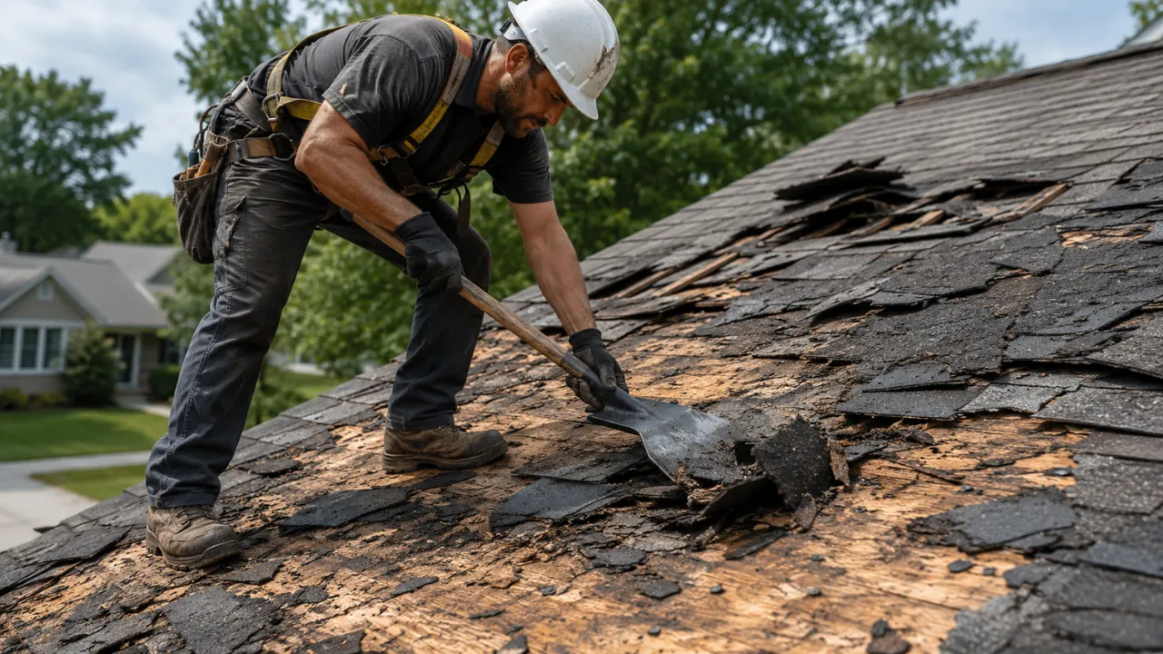 A crew actively prying up old asphalt shingles on a house roof