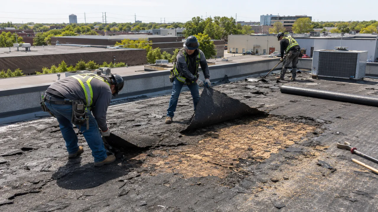 Workers removing an old flat commercial roof membrane