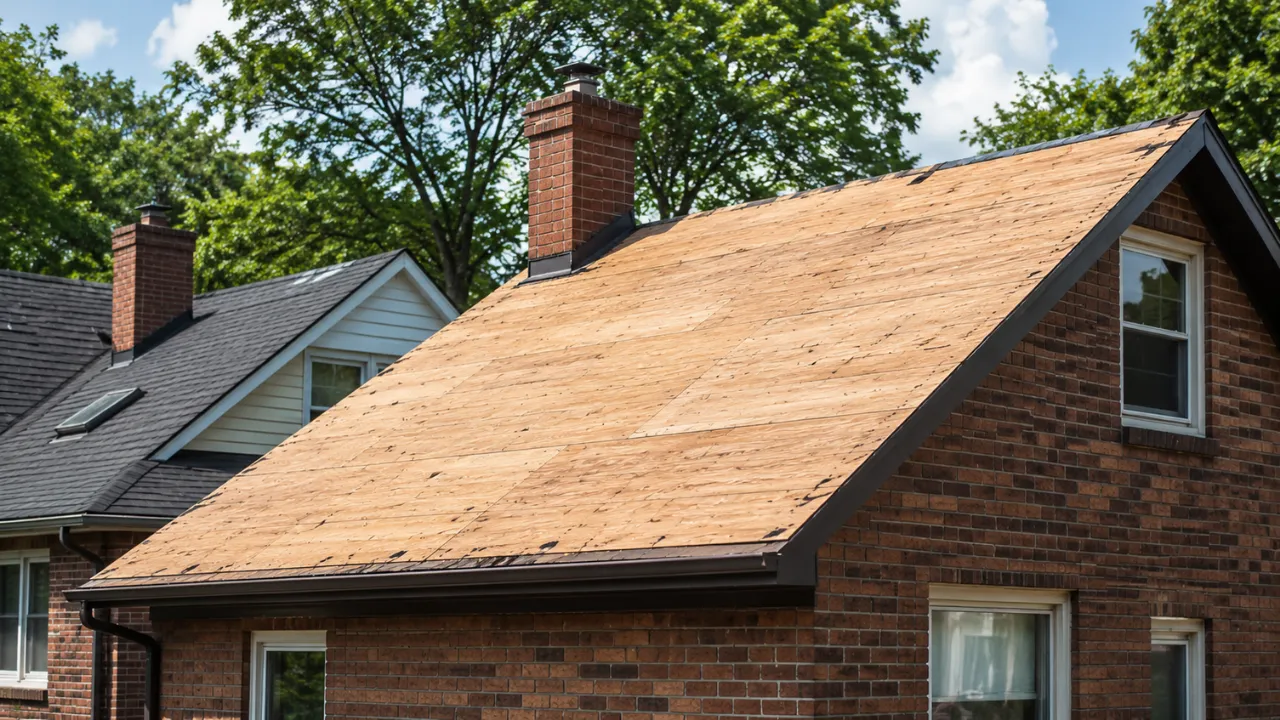 A residential roof stripped down to bare plywood decking after a shingle tear-off