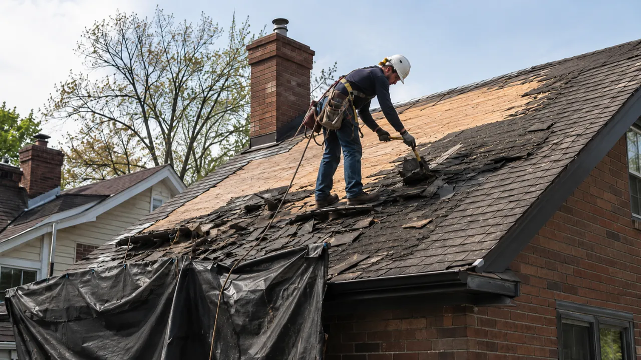 A roofing crew tearing off old asphalt shingles from a residential roof on a clear day