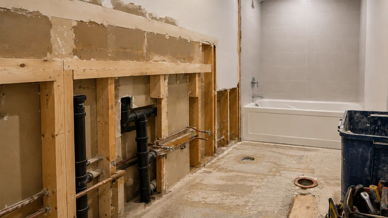 Compact condo bathroom with vanity and fixtures removed during demolition