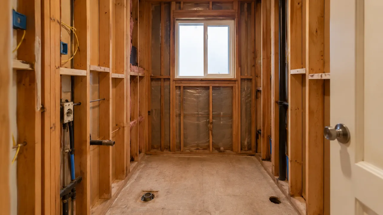Bathroom stripped to exposed framing after a complete demolition in Toronto