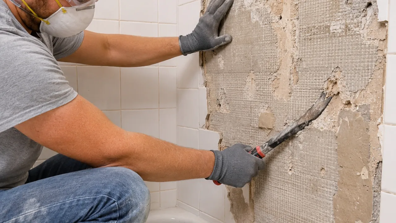 Contractor removing bathroom wall tile during a residential demolition in Toronto