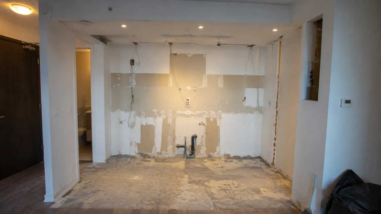 Compact condo kitchen with cabinets and appliances removed during demolition