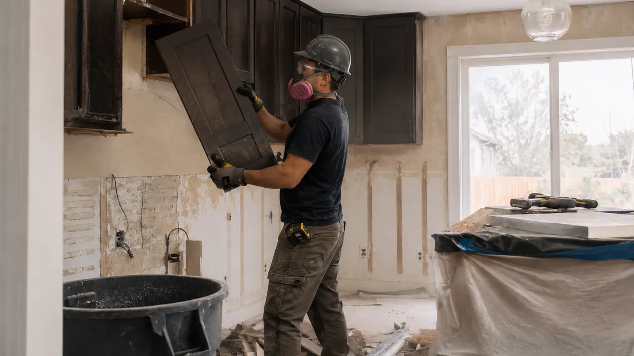 Kitchen demolition contractor removing cabinets in a Toronto home