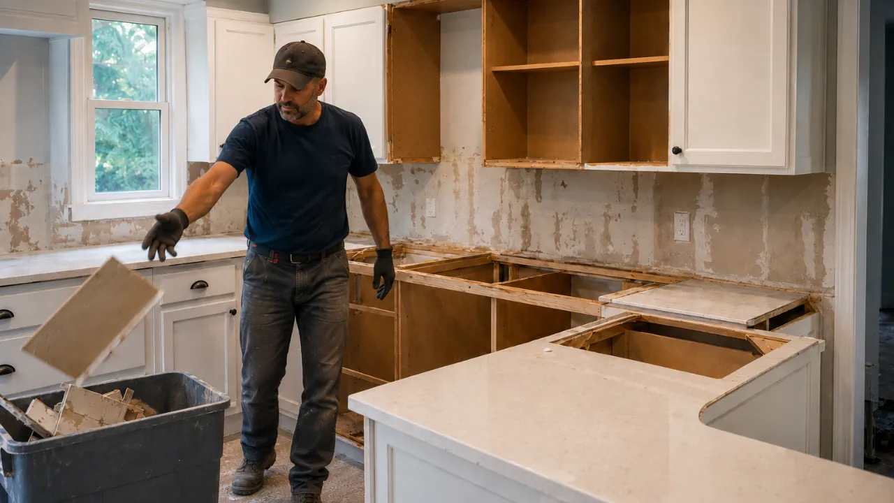 Contractor removing kitchen cabinets during a selective demolition