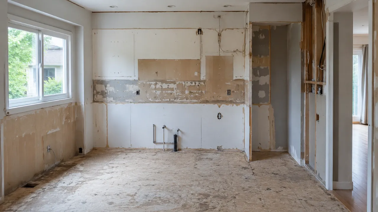Kitchen cleared after cabinet, countertop, backsplash, and flooring removal