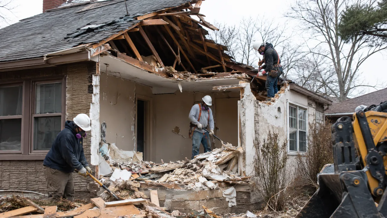 Storm-damaged roof section before controlled removal