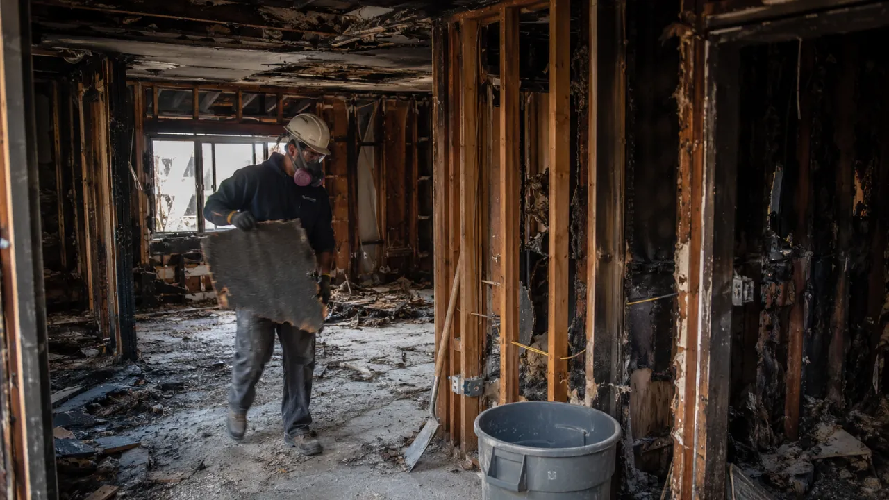Fire-damaged interior stripped to exposed framing during emergency demolition