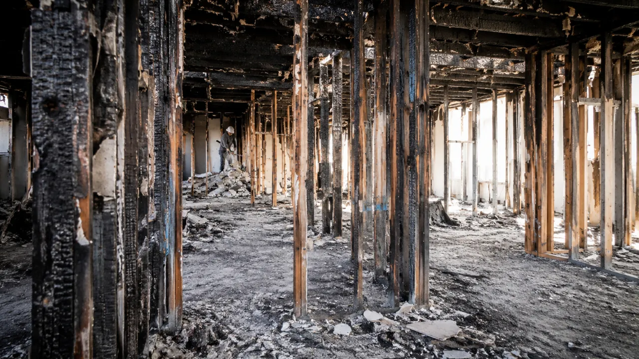 Fire-damaged interior before emergency strip-out