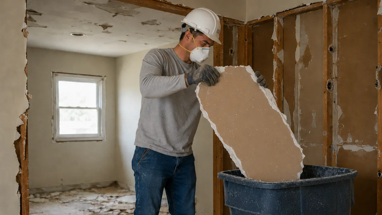 Emergency demolition contractor removing damaged interior materials