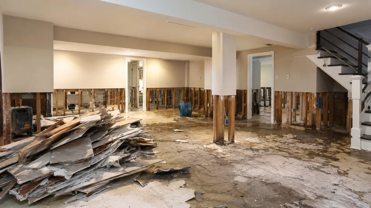 Flooded basement with saturated drywall and flooring