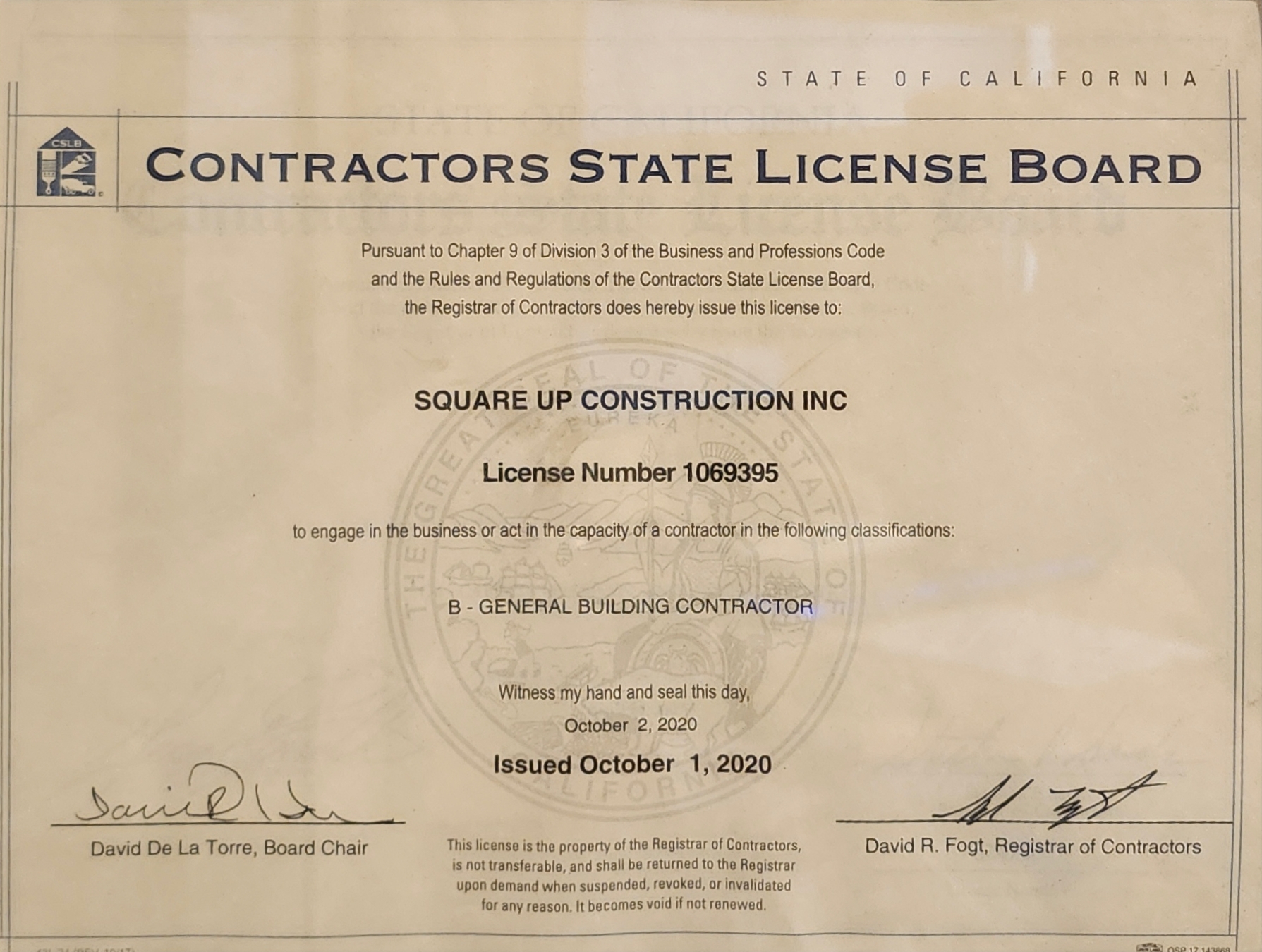 California Contractors State License Board — CCL #1069395