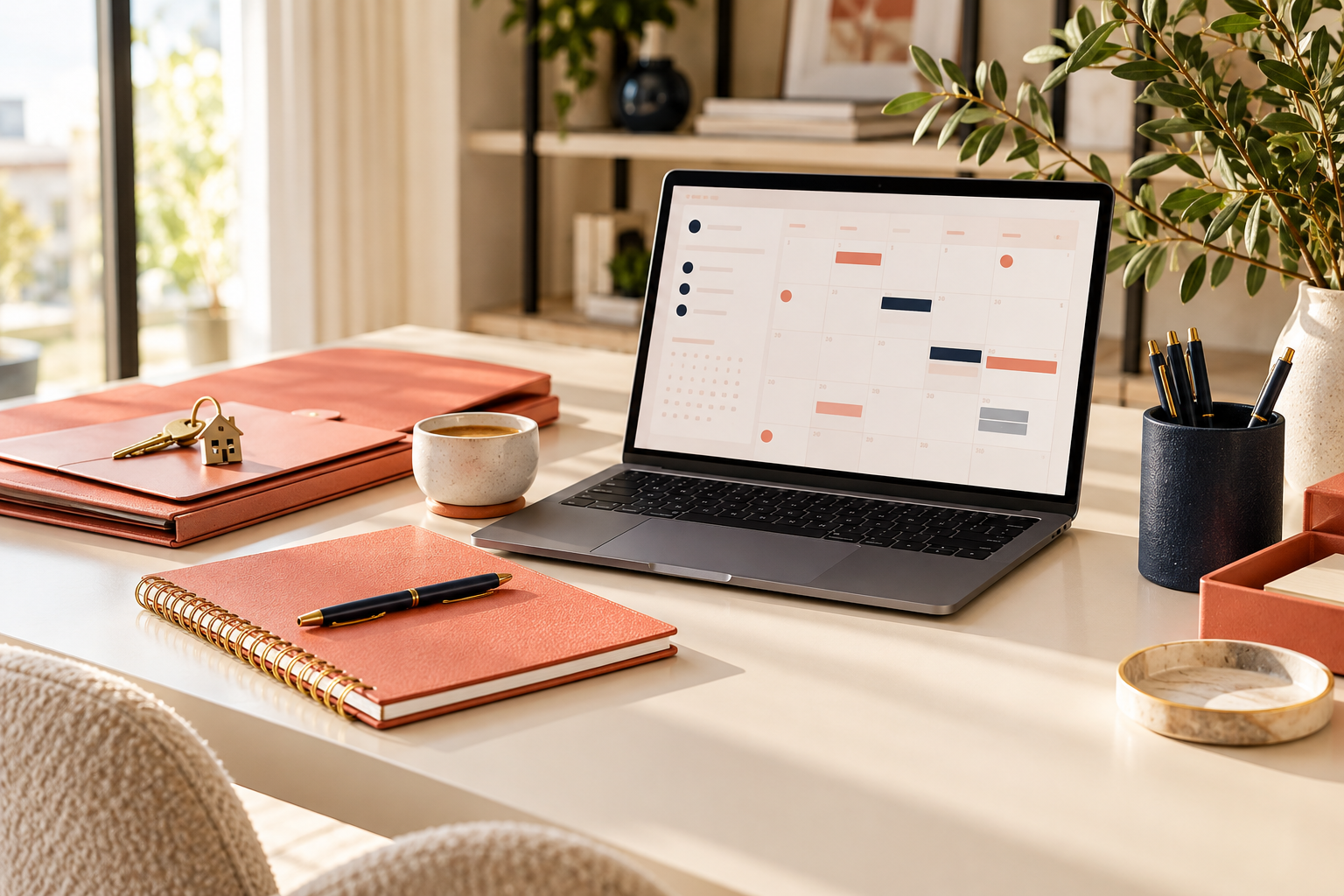 Organized business workspace with a laptop and coral accessories
