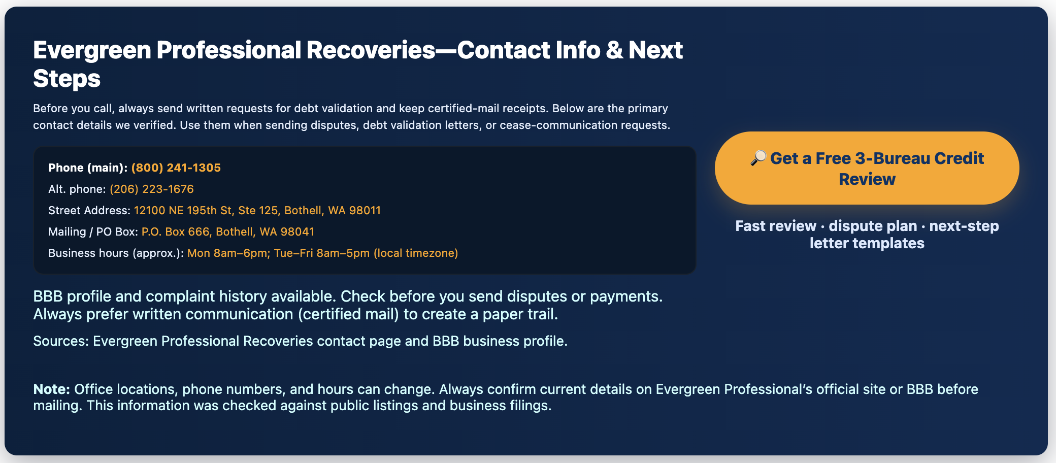 evergreen professional recovery contact
