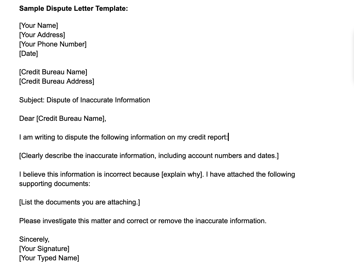 Sample Dispute Letter Template