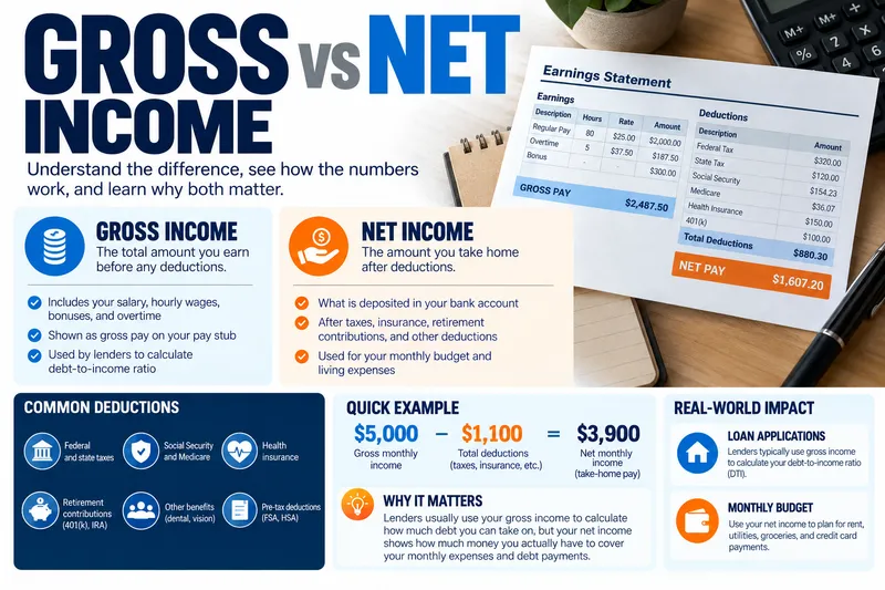 Gross vs net income comparison with paycheck deductions and debt-to-income calculations