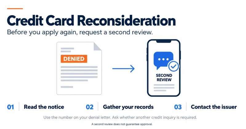 Credit card reconsideration shown as a denial letter followed by a phone call and a second review