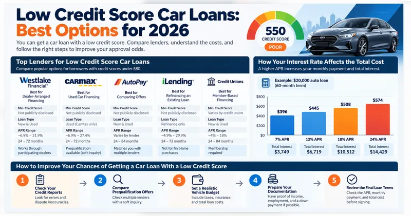 Low credit score car loans comparison showing financing options and APR costs