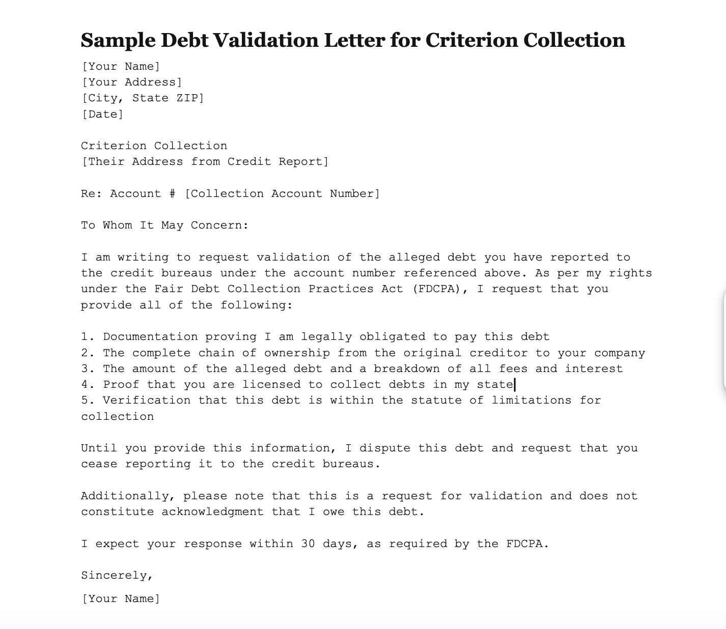 Sample Debt Validation Letter for Criterion Collection