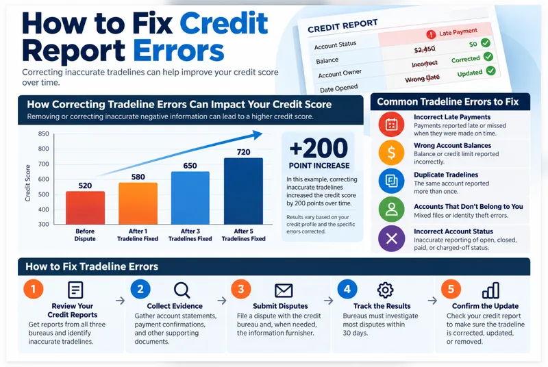 Tradeline credit repair checklist showing account balances, payment history, and credit report errors