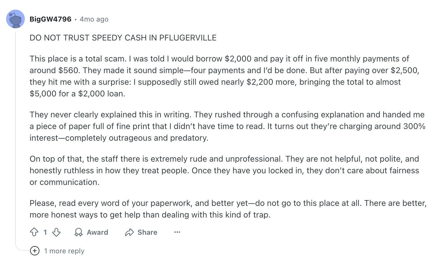 Speedycash negative review example