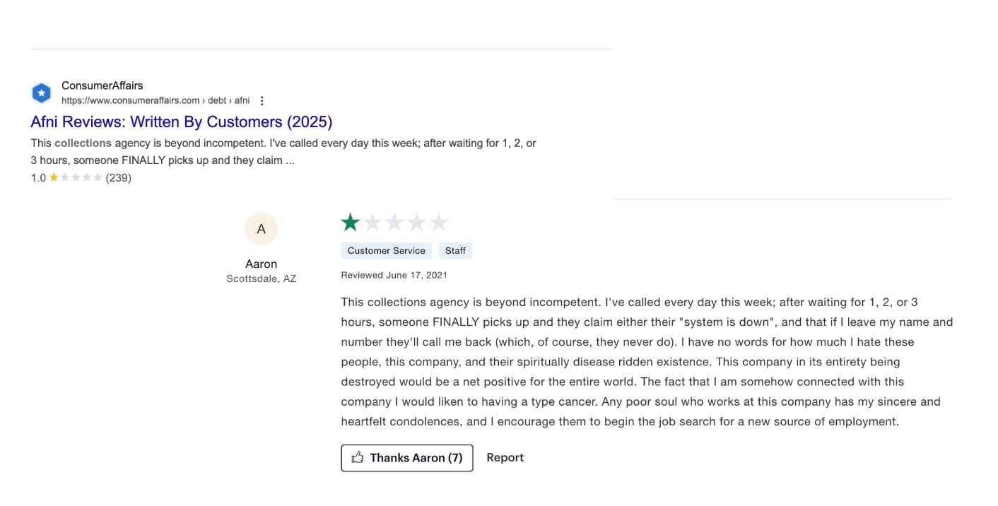 AFNI Collections customer reviews