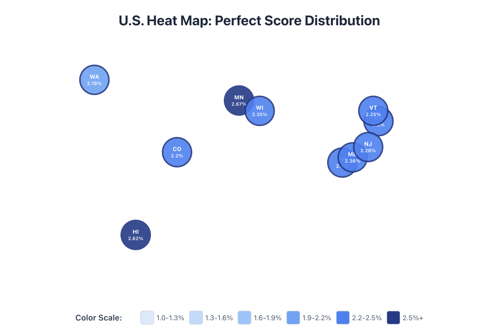 map showing the percentage of 850 scores by state