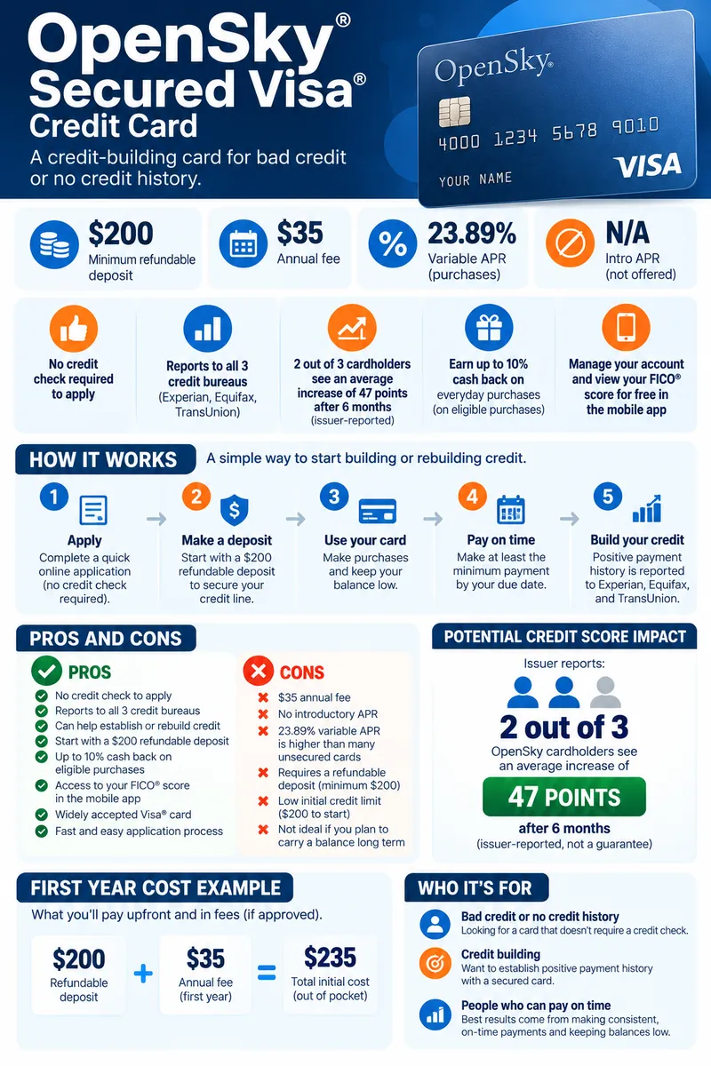 OpenSky Secured Visa Credit Card review showing deposit, annual fee, APR and credit reporting