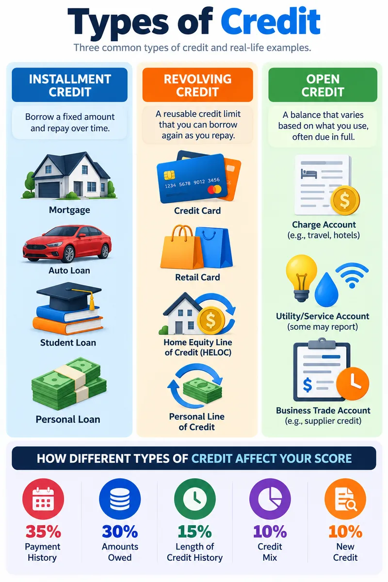 Types of credit including installment revolving and open credit