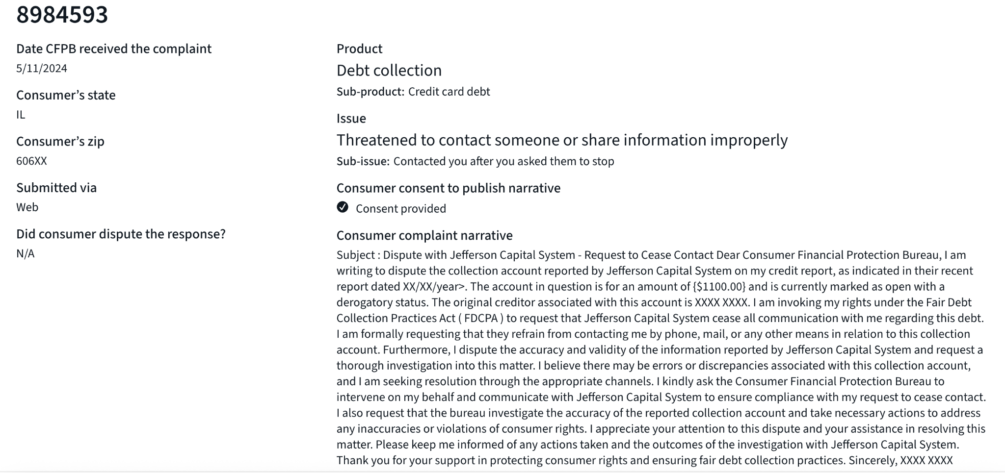 Jefferson Capital CFPB Complain