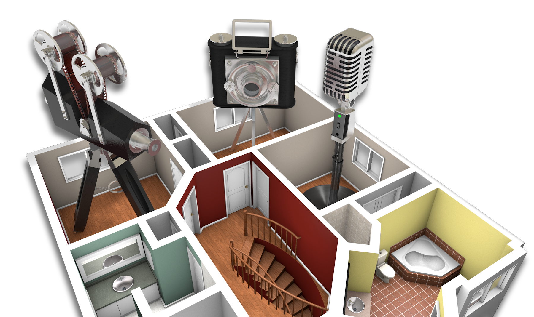 VR floor plan of a home with oversized camera, video camera, and microphone graphics representing high-quality real estate photography, and video narrated VR animated online showings for advanced property marketing.