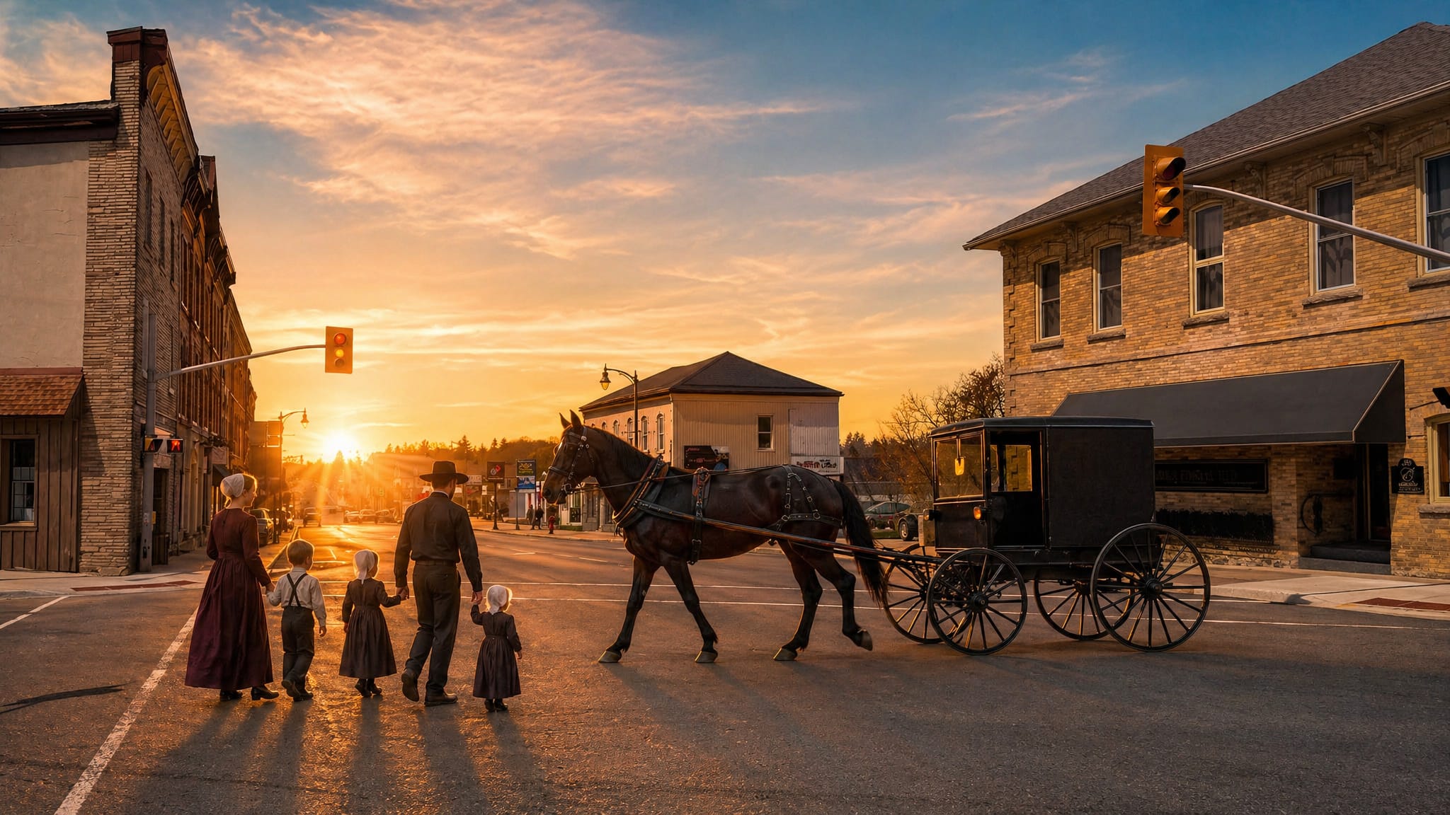 Downtown Mount Forest sunset with Mennonite family