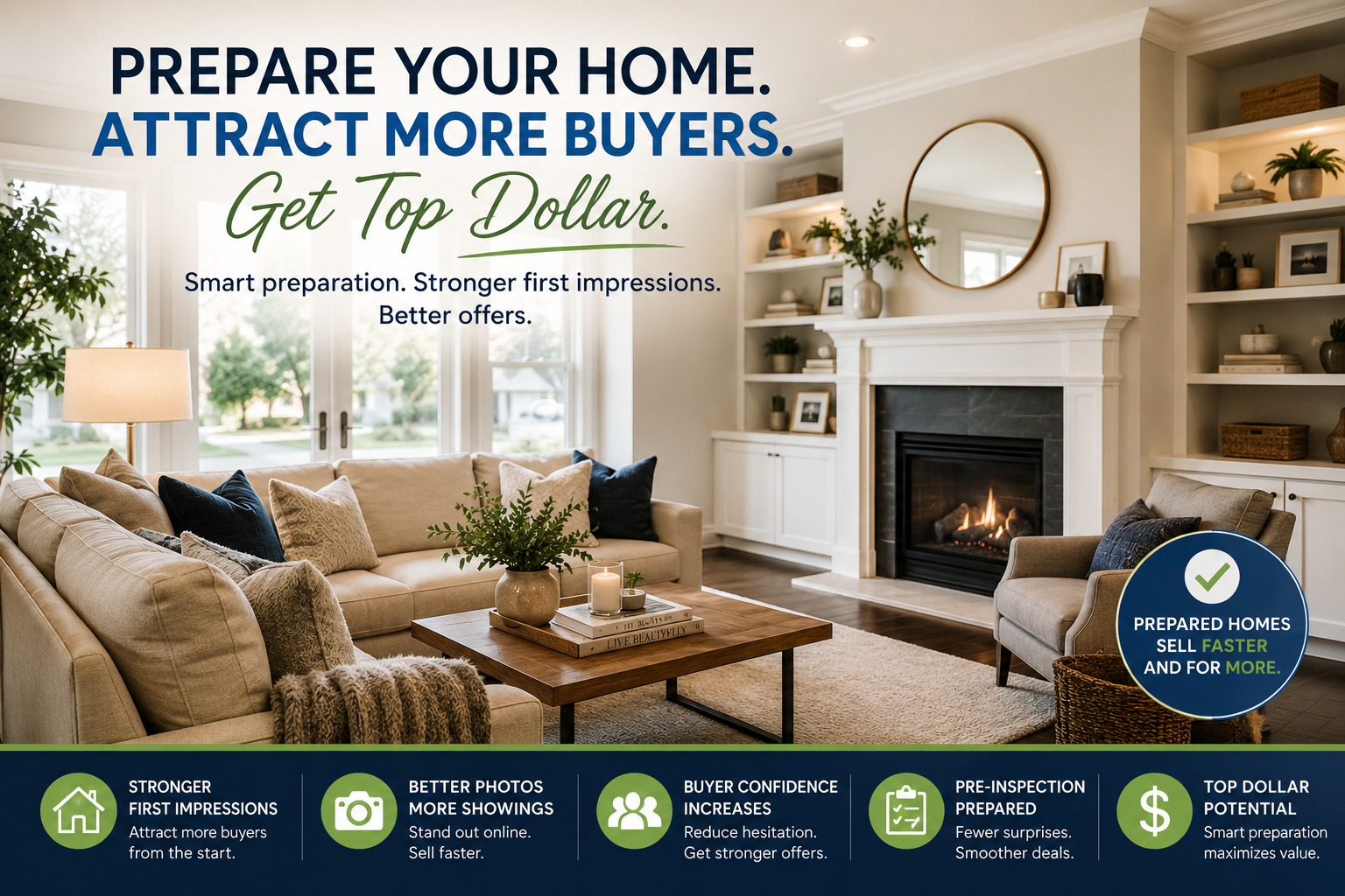 Preparation guide infographic for selling a home in Orangeville showing staging, buyer psychology, pre-inspection preparation, stronger first impressions, better photography, and top dollar selling strategy