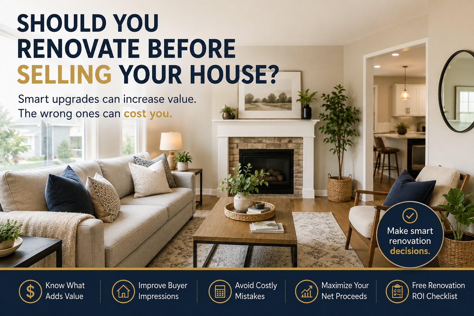 Should you renovate before selling in Orangeville infographic showing smart upgrades, buyer impressions, renovation ROI, net proceeds, and avoiding costly mistakes
