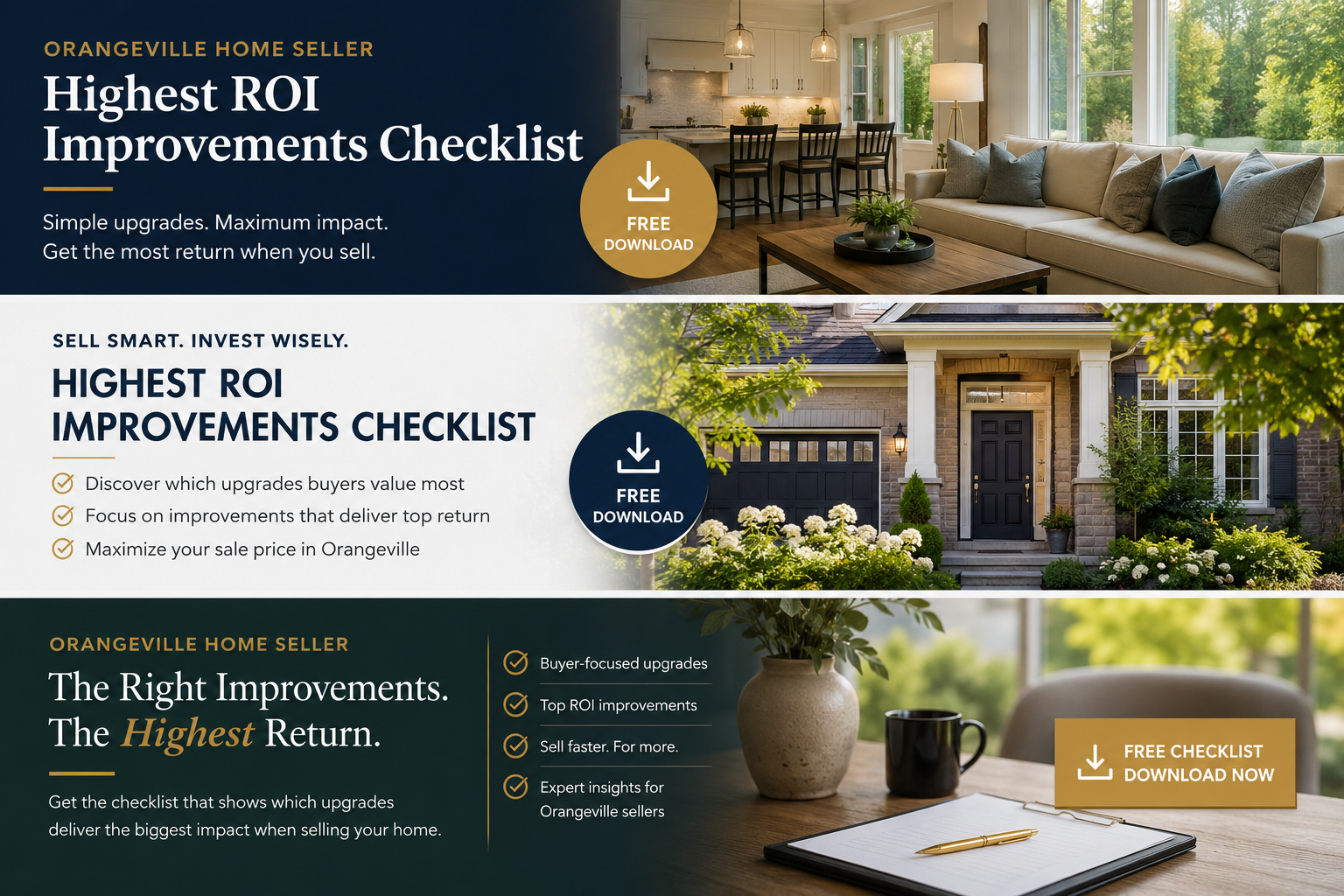 Unbranded horizontal infographic for Orangeville home sellers showing highest ROI improvements, online shortlisting, buyer-focused upgrades, curb appeal, interior presentation, and checklist download strategy