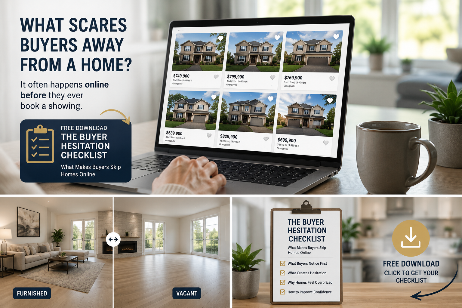 Unbranded horizontal infographic for Orangeville home sellers showing what scares buyers away including expectation mismatch clutter odours poor lighting maintenance concerns and buyer confidence