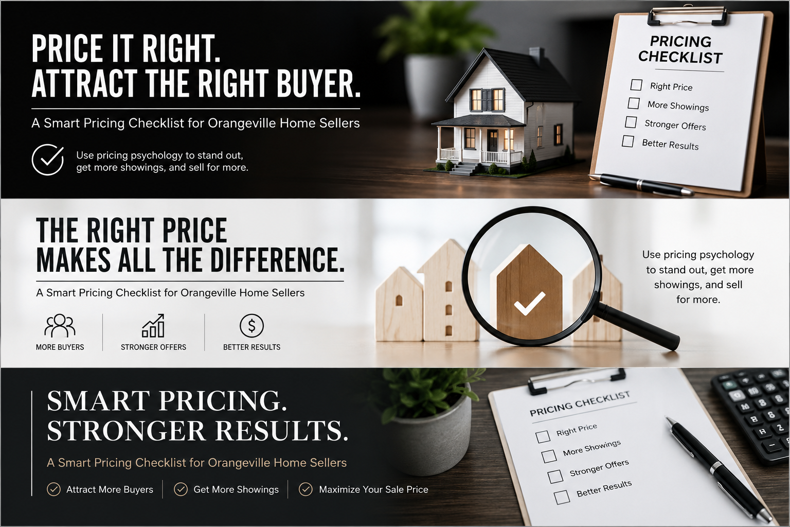 Unbranded pricing strategy infographic for Orangeville home sellers showing smart pricing, buyer psychology, stronger showings, better offers, and pricing checklist