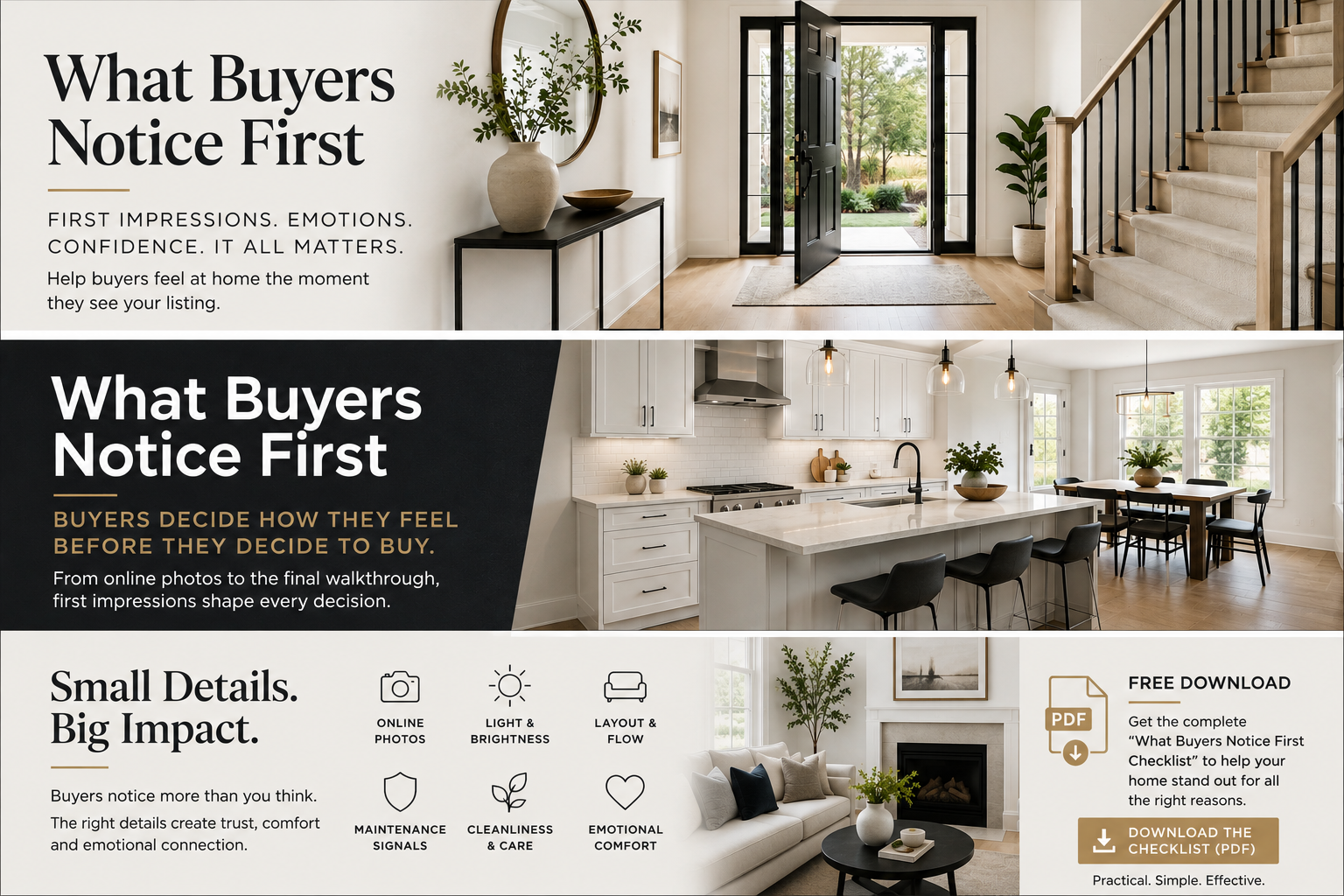 Unbranded infographic for Orangeville home sellers showing what buyers notice first including online photos, light, layout, maintenance, cleanliness, emotional comfort, and downloadable checklist